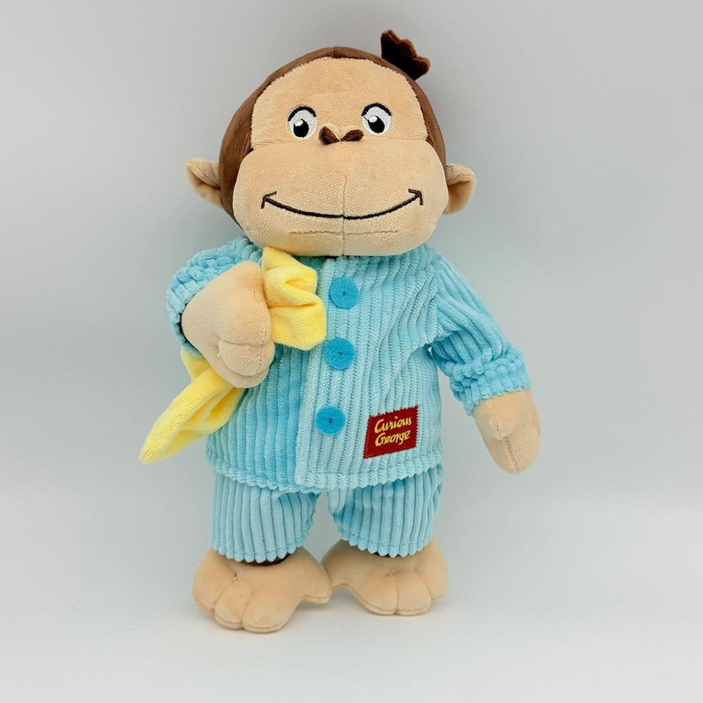 30Cm Funny Monkey Plush Toy Wearing Blue Striped Clothes Holding Banana Perfect For Cuddling And Kids Room Decoration