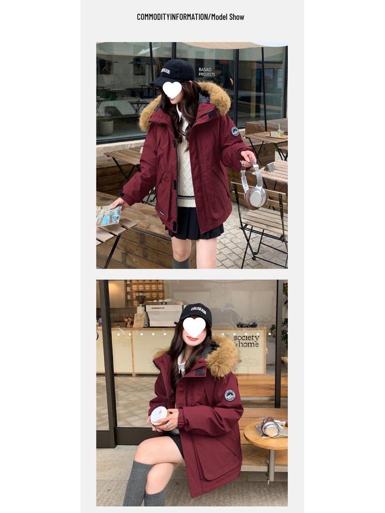 Women's 2025 Winter Thickened American Style Fur Collar Workwear Parka Jacket