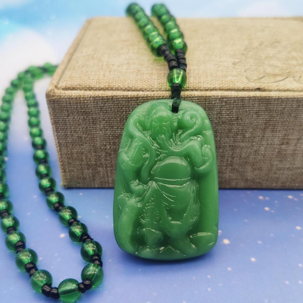 Unisex Green Jade Guanyin & Guan Yu Pendant Necklace – Imitation Chalcedony Buddha & Dragon Sweater Chain