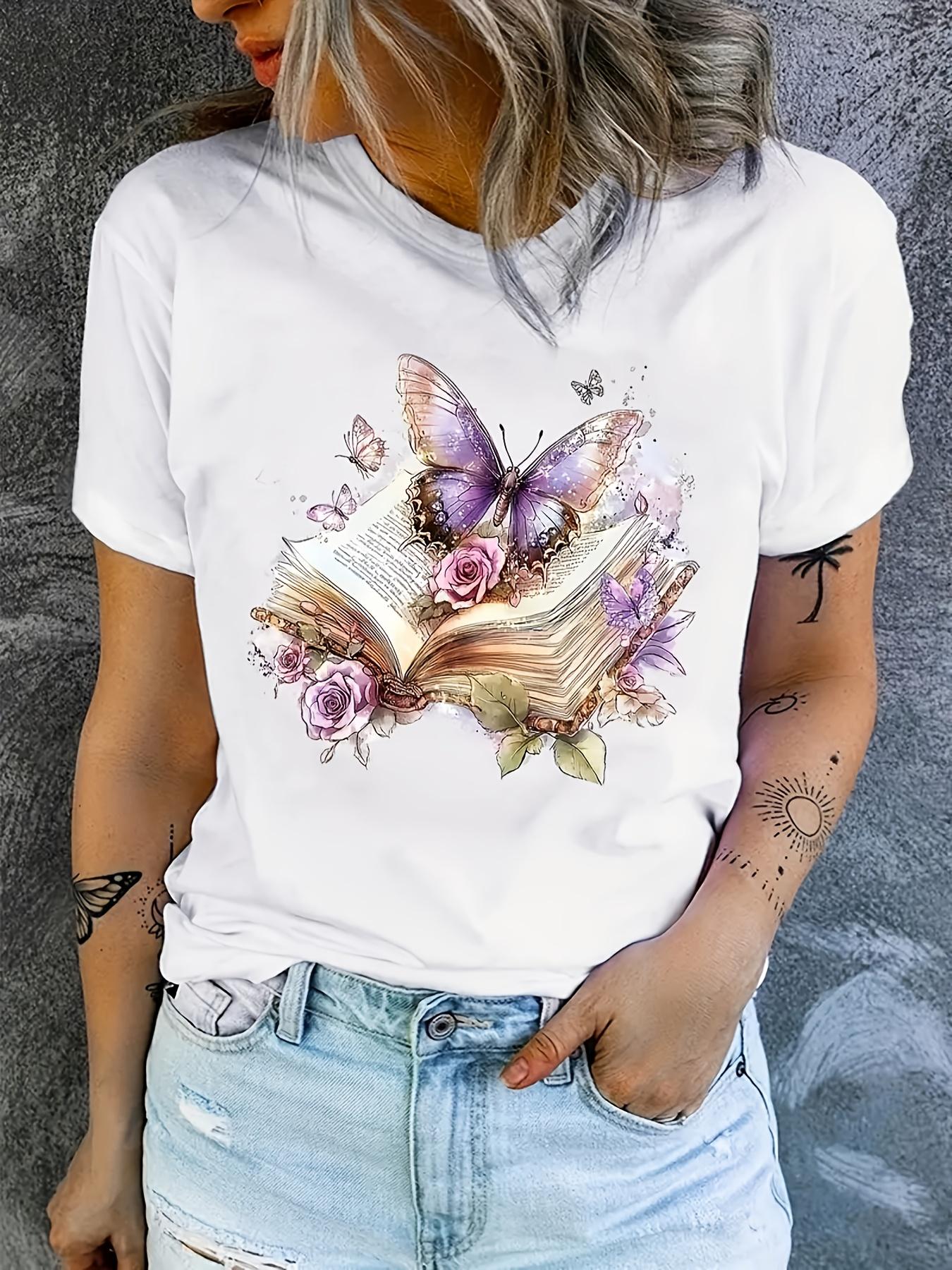 

Women s Casual Round Neck Short Sleeve T-Shirt - Butterfly and Book Floral Print. Versatile Top. Summer Fashion. Creative Design. Playful Pattern. Bre 3XL дубильна кора