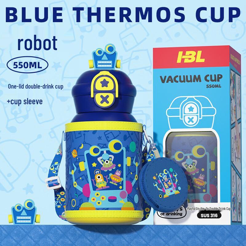 

MDNG 550ML Blue Robot Stainless Steel Double-Drink Thermos with Strap
