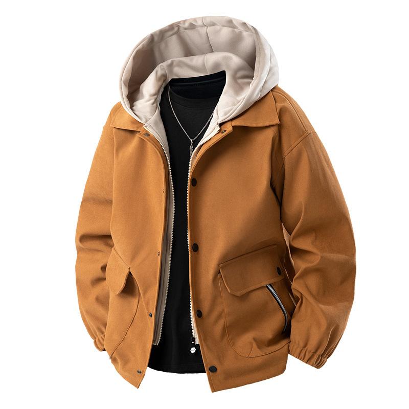 Fake Two-piece Men's Jacket Spring and Autumn New Hooded Jacket Versatile Top Casual Loose Work Jacket
