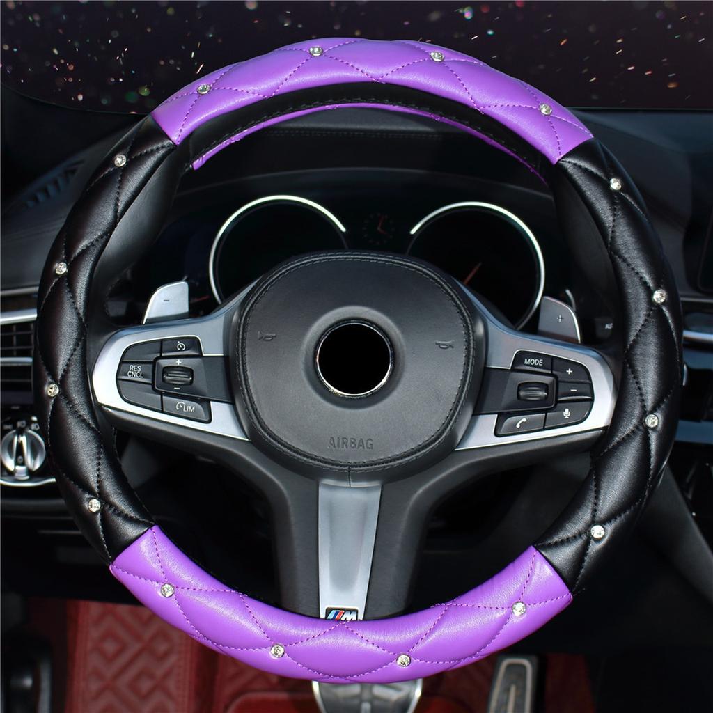 Měkký kožený vyšívaný stereo kryt volantu do auta s vnitřním kroužkem, zdobený diamanty, pasuje na 14,5-15 palců