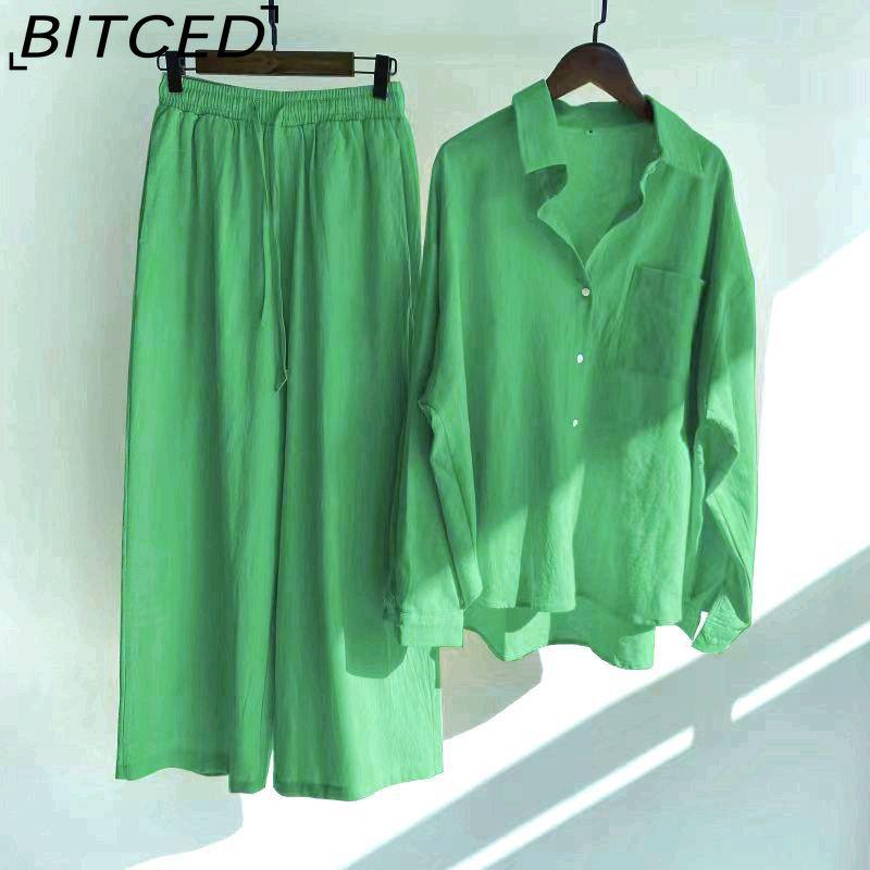 BITCED Women's 2-piece Vintage Plus-size Cotton and Linen Shirt Set High-waisted Loose Trousers
