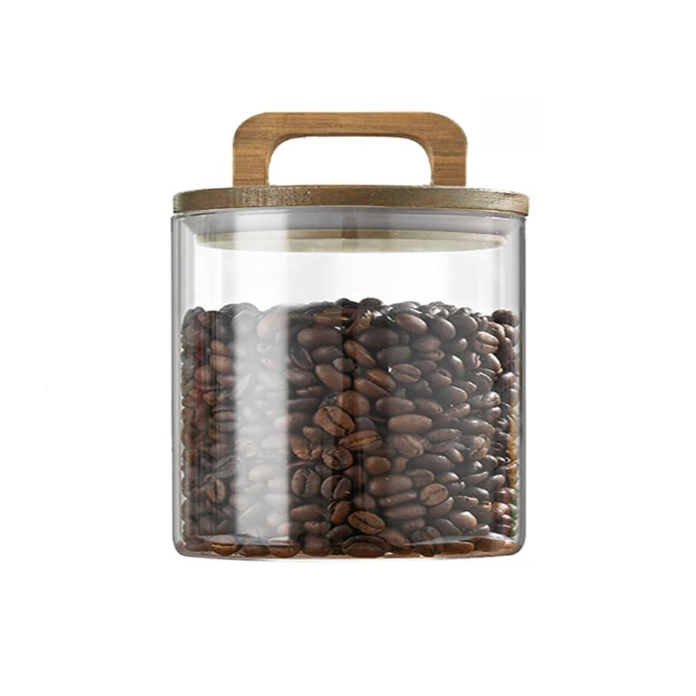 Wood Handle Glass Storage Jar Wood Lid Airtight Container Vacuum Sealed Jar  Coffee Bean Storage