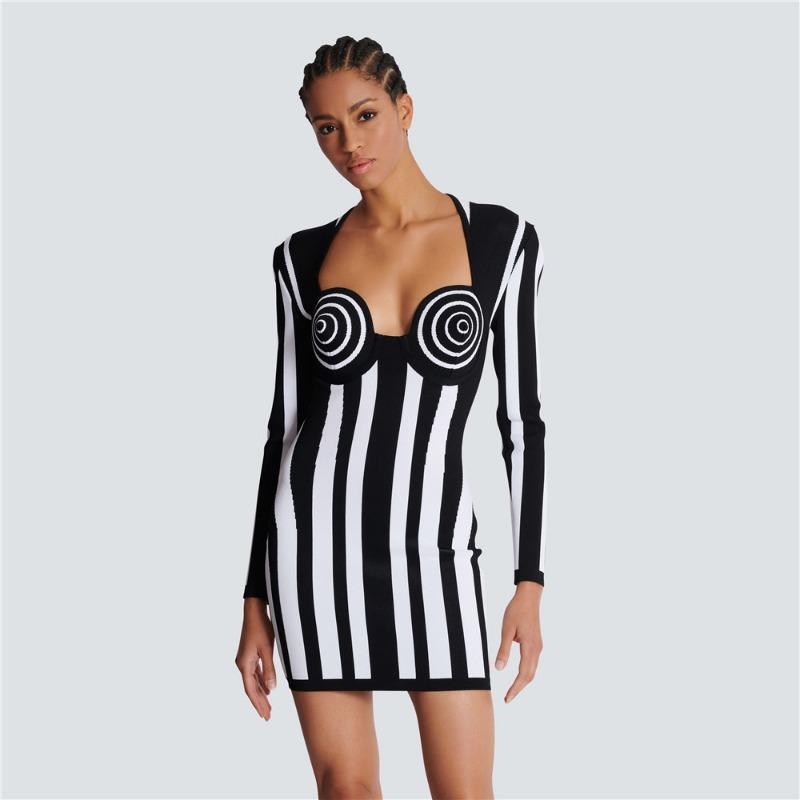New black and white vertical striped bandage dress high street elegant fashion design party dress dress