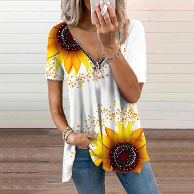 Women's Top Summer New Fashion Golden Sunflower Printed Casual Zipper V-neck Short Sleeve Top