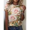 Fashion Women's Crew Neck T-Shirt 3D Flower Color Printing Flower Short Sleeve Crew Neck Short Sleeve