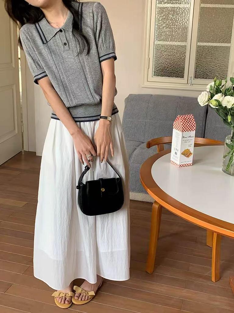 Suéter de punto hueco estilo universitario para mujer Verano 2026 con cuello polo y hombros caídos