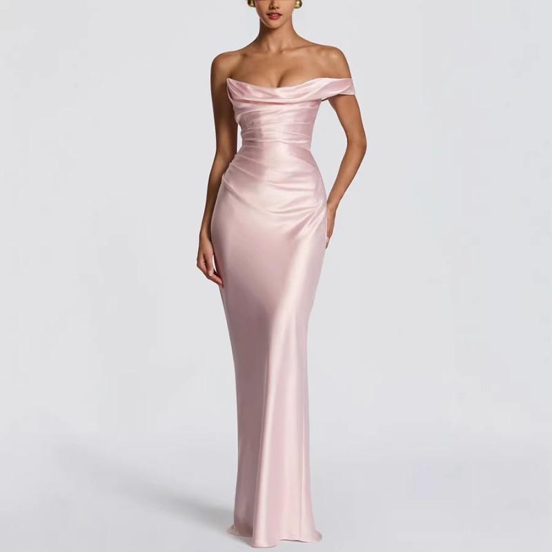 Fashion Women's Satin One Shoulder Long Dress Bandage Pleated Backless Sleeveless Dresses Summer Lady Party Evening Robes new