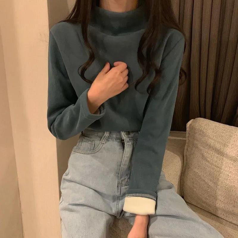 Autumn and Winter Semi-high Collar Plus Velvet Thickening Warmth and Comfort Sanding Base Shirt with T-shirt Long-sleeved Solid Color Top