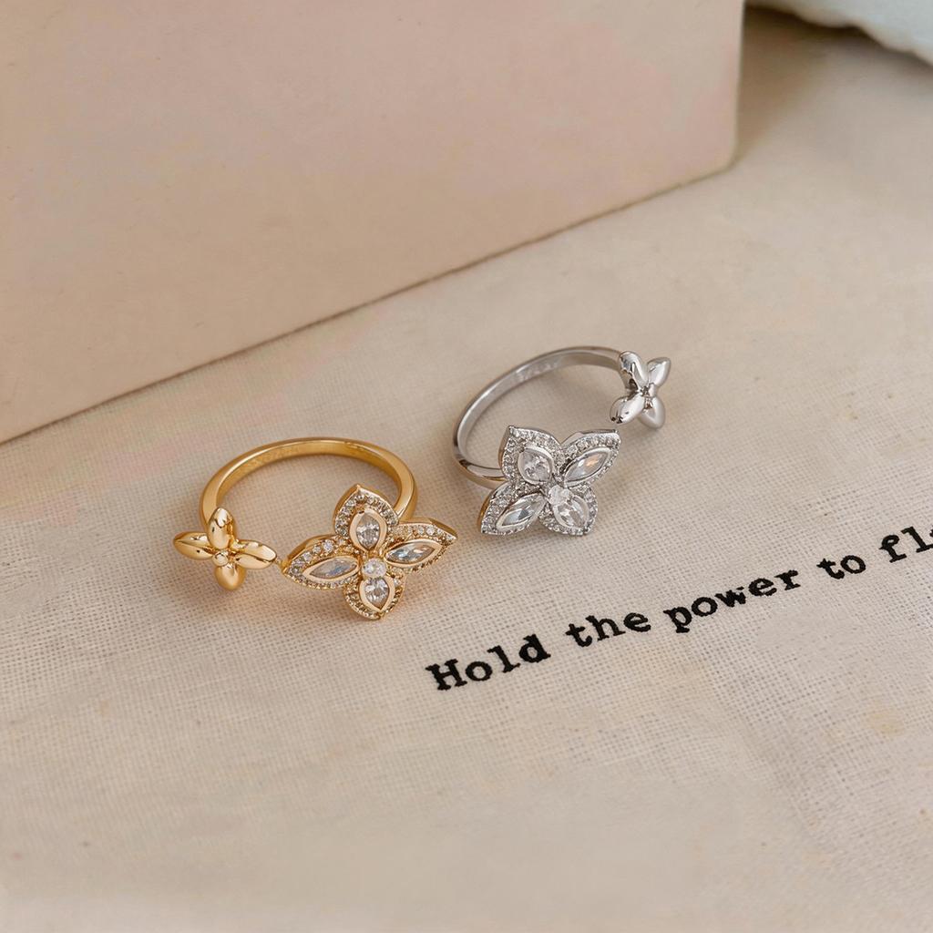 Zircon Clover Flower Open Ring - Luxury High-end Women's Ring - Four-leaf Clover Ring