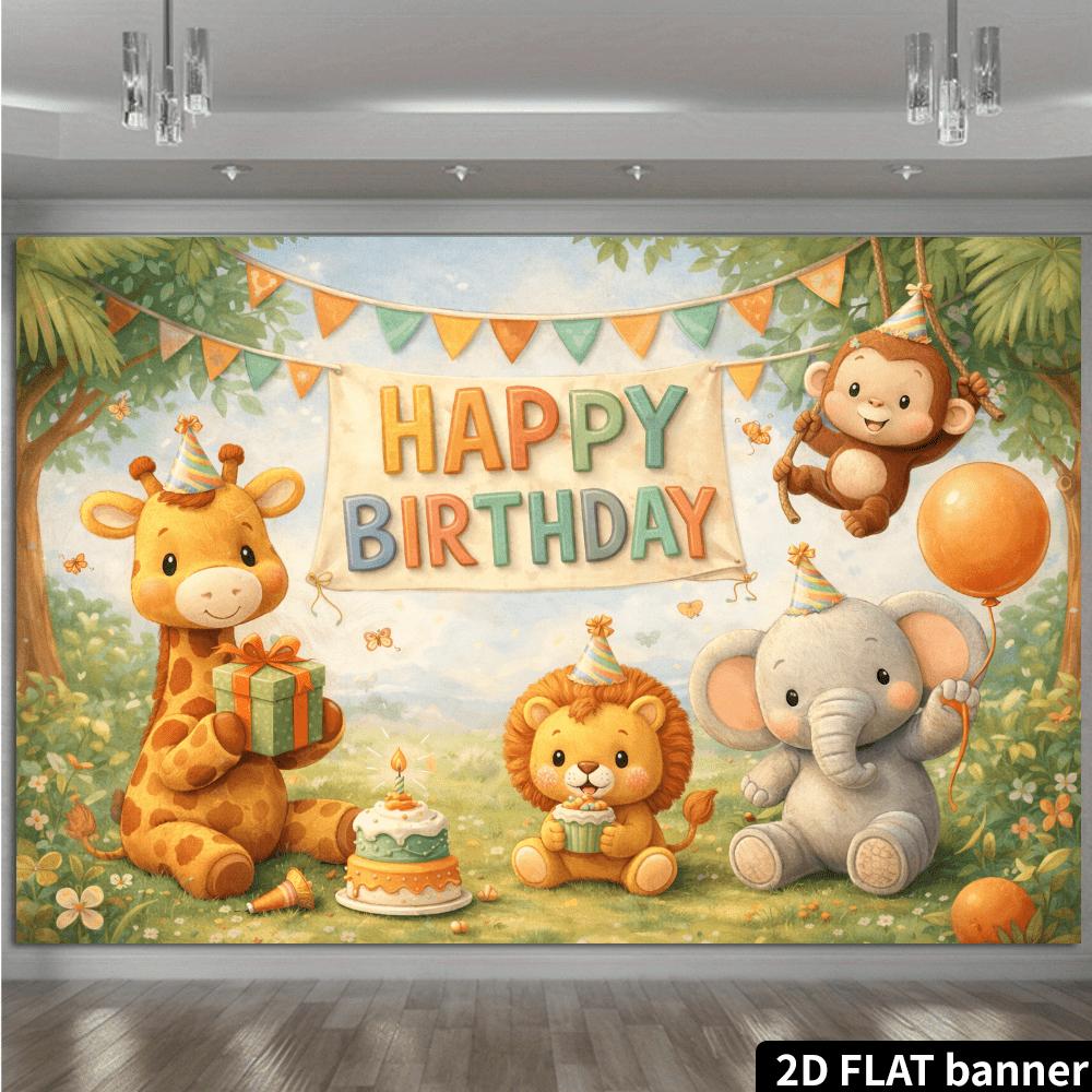 2D Jungle Animal Cake Birthday Gift Background  Fresh and Playful Scenes