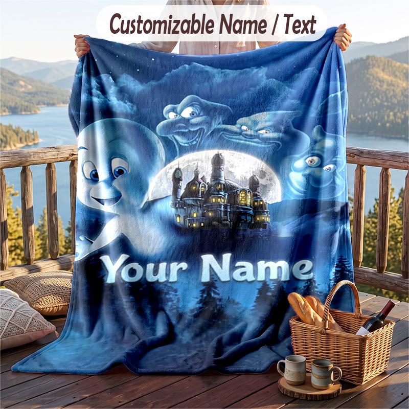 Custom Text Flannel Throw Blanket, Lightweight Cozy Bed Sofa BlanketCasper the Friendly Ghost