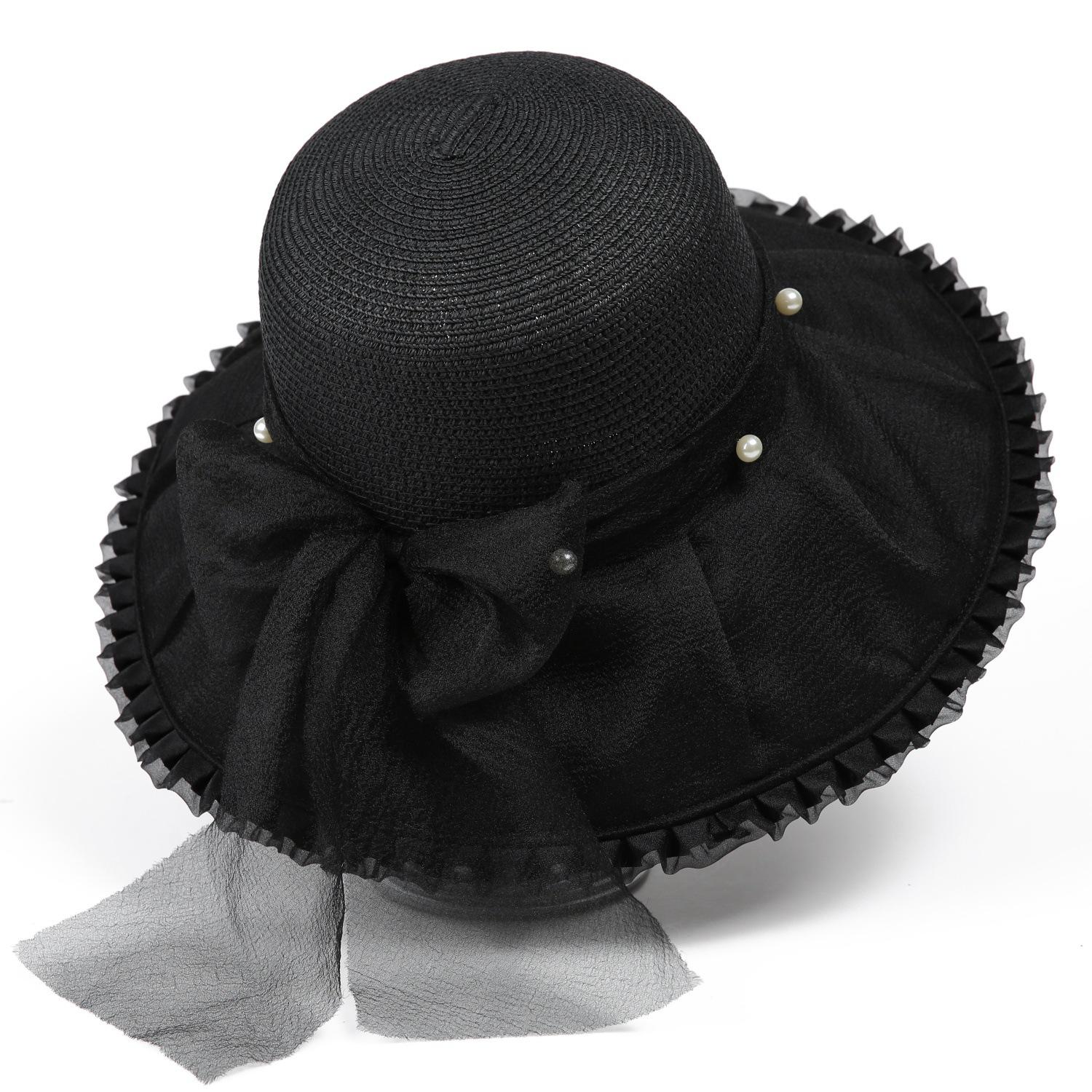 

Summer Beach Travel Straw Hat Fashion Mesh Bow Pearl Vacation Bucket Cap Women Foldable Travel Large Brim Sun Visors 56-58cm чорний