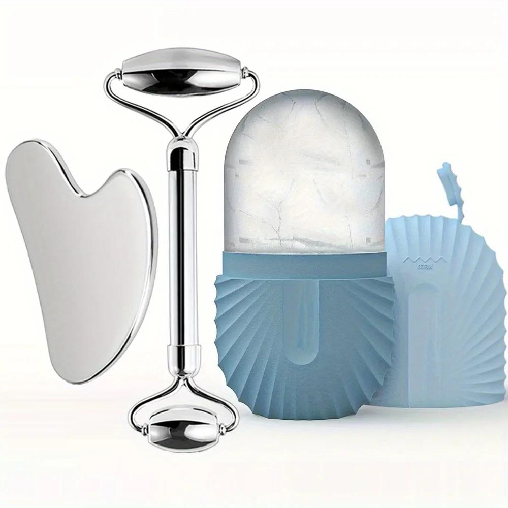 3in1 Stainless Steel Ice Face Roller & Gua Sha Facial Skincare Tool Kit Face Lifting Facial Treatment Reduce Acne Skin Care Tool