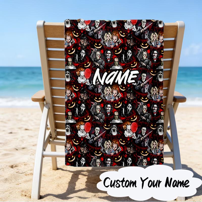 Custom Name Ghostface Horror Theme Microfiber Beach Towel Super Soft & Absorbent for Bath, Beach, Travel Bath Time Accessory, Fan gifts