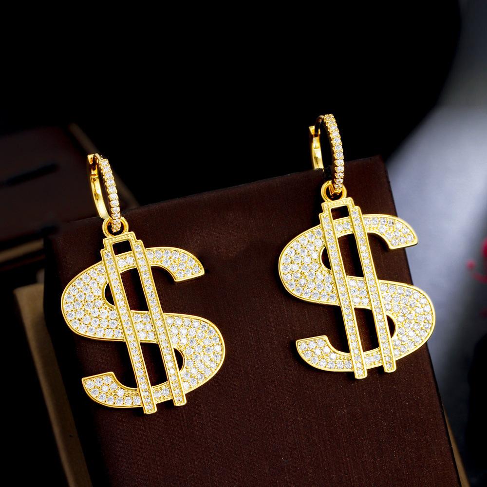 Hip Hop Street Jewelry Copper Inlaid Zircon Dollar Symbol Earrings Gold Plated Full Diamond Personality Tide Ear Jewelry