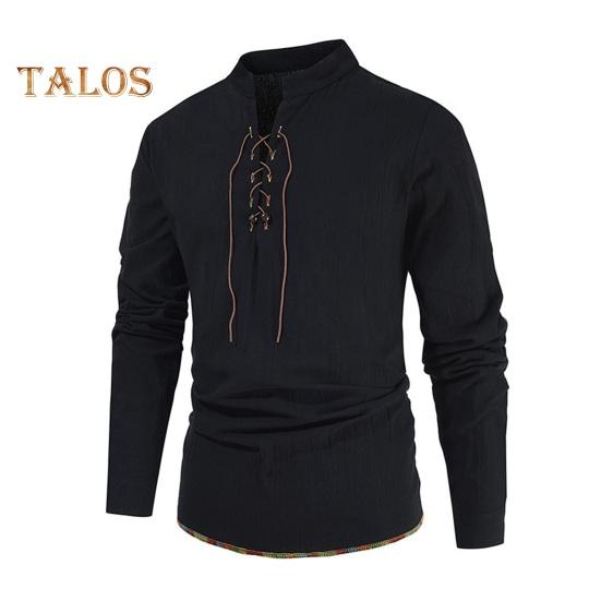 Spring Autumn Men Shirt Lace-up Stand Collar Long Sleeves Solid Color Loose Retro Medieval Mid Length Casual Commuting Office Top