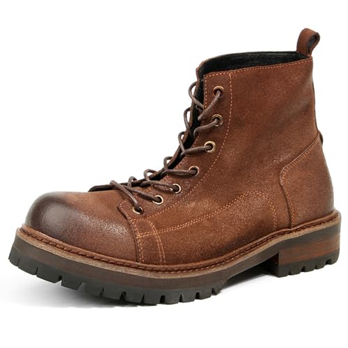 

WinYeah Men s Genuine Leather Combat Boots, 7-Eye Lace-Up, Textured Thick Sole, Casual Leather Shoes, G16-13, Suede, Brown, Size 26.5cm