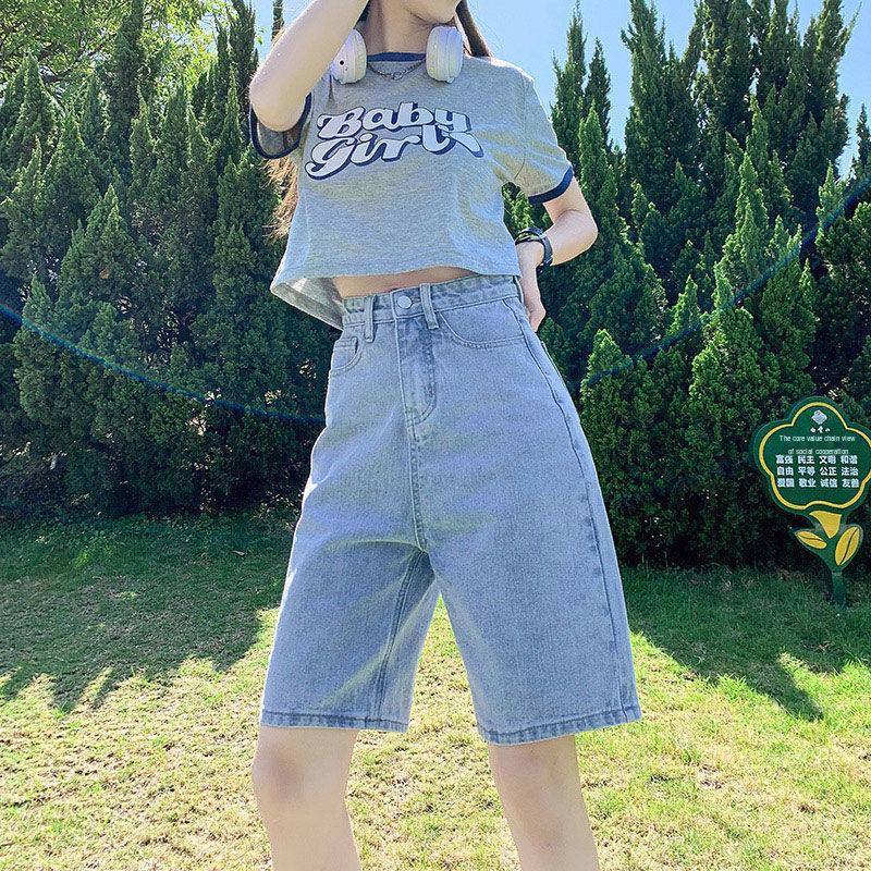 

Женские широкие джинсовые шорты с высокой талией 2024 года — облегающие, свободные, 5-точечная посадка L