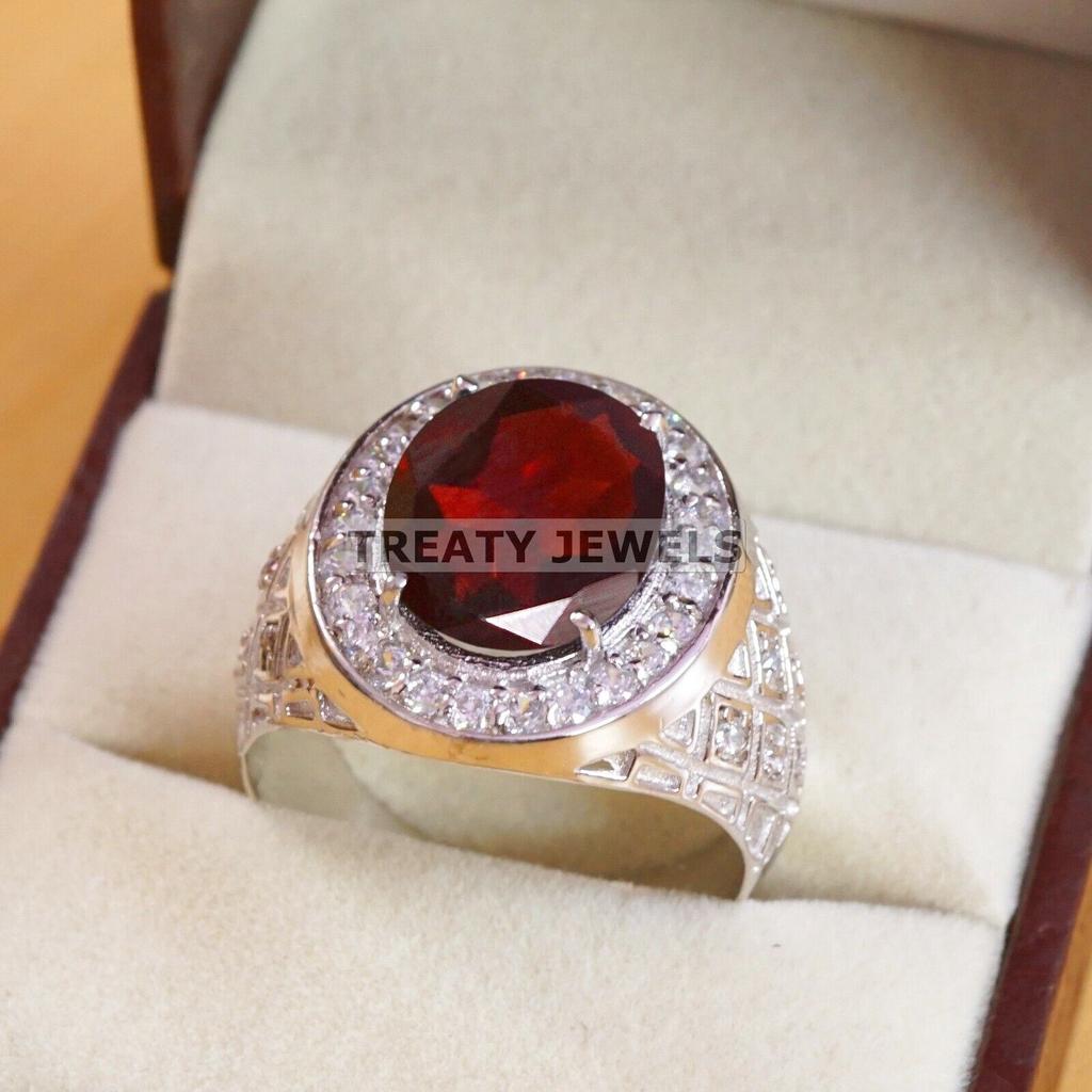 Garnet Oval Cut Gemstone With 925 Sterling Silver Ring For Men's #B67 JL375671365664