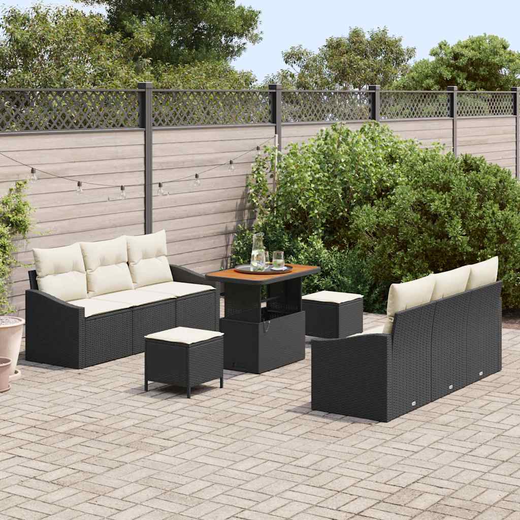 9 Piece Black Garden Sofa Set with Cushions
