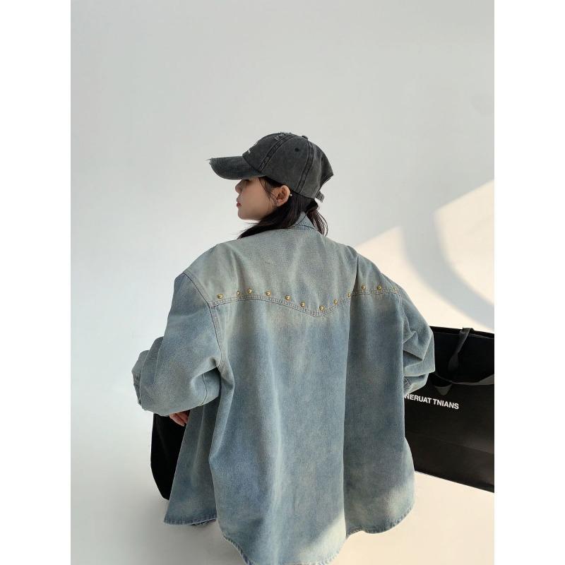 Autumn New American Niche Old Rivet Denim Long-sleeved Shirt Women's Loose Couple Short Jacket Trendy