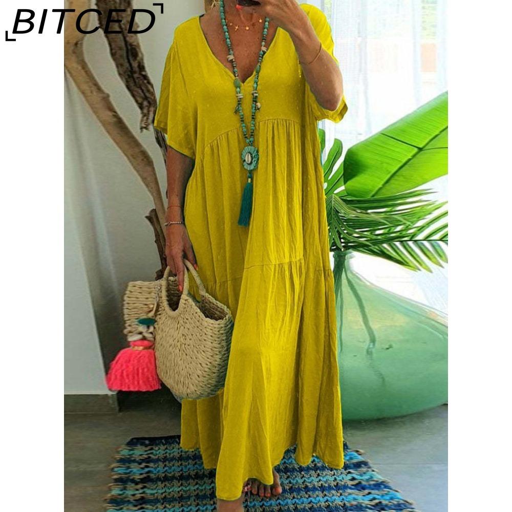 BITCED Women Summer Fashion Solid V-Neck Plus Size Dress Loose Long Oversized Casual Short Sleeve Dress