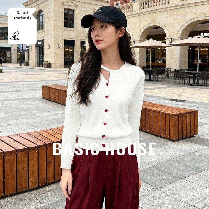 Basic House Women's Wool-Blend Hollow-Out Knit Cardigan with Heart Buttons