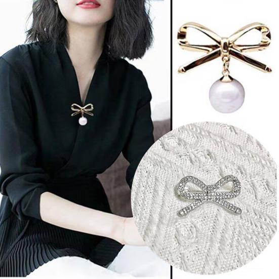 Women Brooch Bowknot Shape Anti-Rust Finish Shawl Clip with Faux Pearl Rhinestones Inlaid Sweaters Scarves Jackets Decorative Anti-exposure Pin