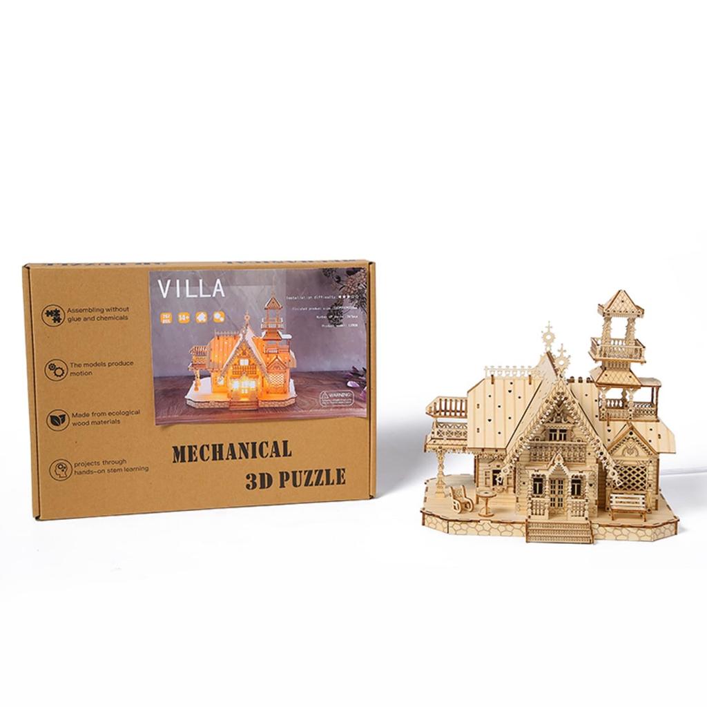Hallisun 3D Wooden Puzzle DIY Retro Cottage Villa House with LED Light Model Assembly Kit 3D Puzzle Brain Teaser Hobby Game Toy for Adults DIY