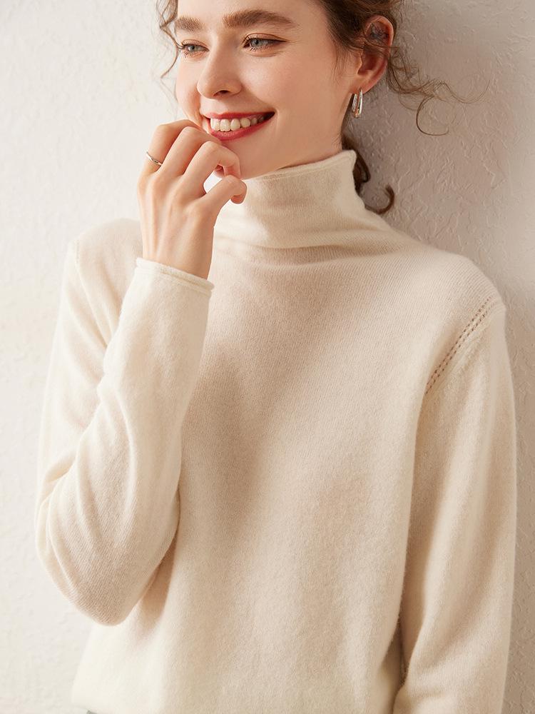 Women's Cashmere Sweater with Rolled Hem and Pile Collar – Solid Color, Loose Knit Pullover for Autumn and Winter