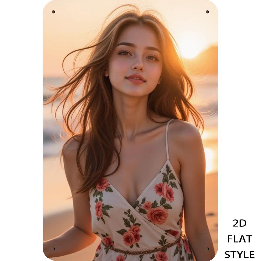 

HD Tin Sign Charming Young Western Beauty in Floral Spaghetti Strap Dress Retro Metal Wall Decor for Man Cave Coastal Home Dec 20x30cm（7.8x11.8inch）