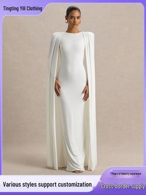 Elegantes Europäisches Herbst/Winter Damen-Abendkleid - Einfarbige, Gefaltete, Rundhals, Taillenbetonter Rock