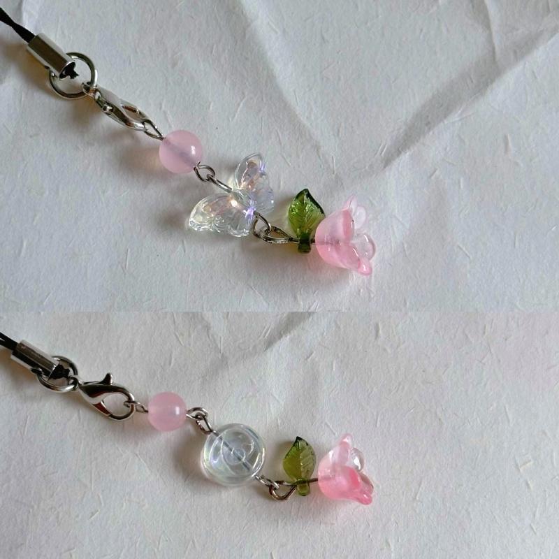 Ręcznie robiony łańcuszek do telefonu z koralików kwiat i motyl zawieszka do telefonu komórkowego kolorowy brelok wisiorek dodatek do telefonu komórkowego