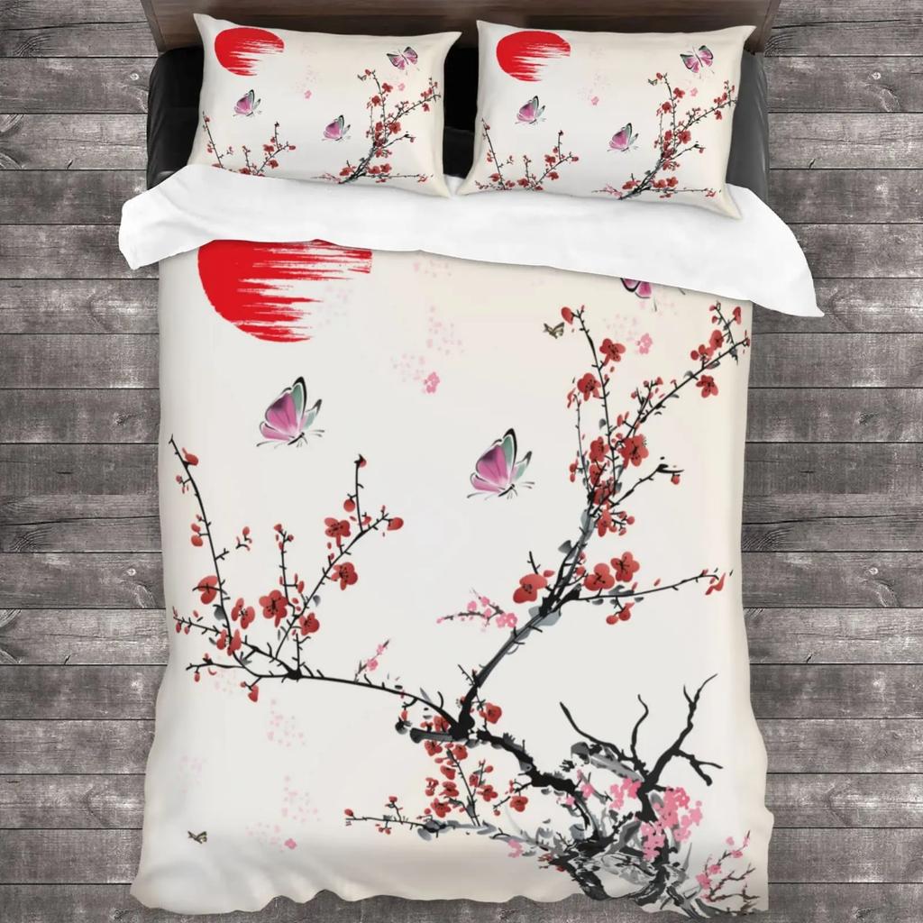 Japanese Duvet Cover Branch of  Flourishing Sakura Tree Cherry Blossoms Spring Theme Art Pink Decor Dark Brown for Women Gifts