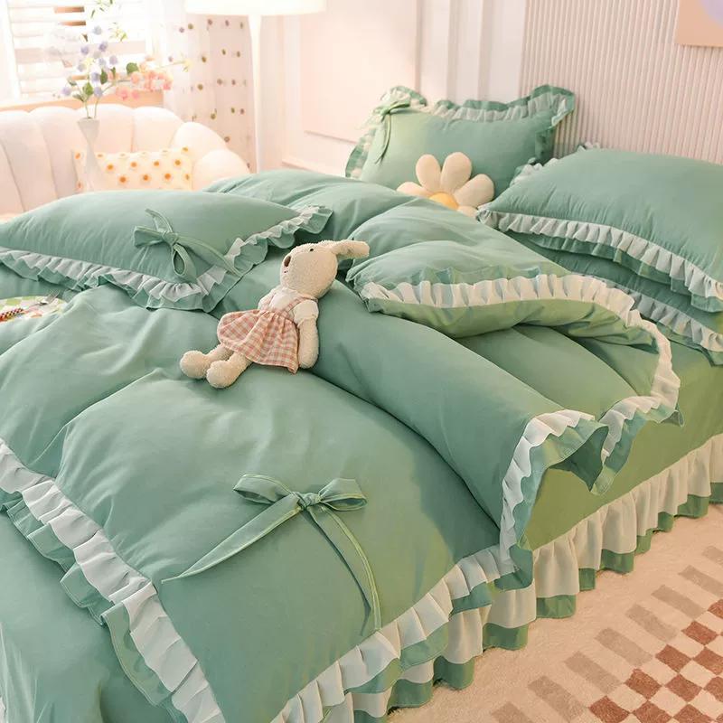 Girls Bedding Sets Kawaii Seersucker Bed Sheet Pillowcase Fashion Princess Duvet Cover Solid Color 4 Pieces Cute Home Decoration