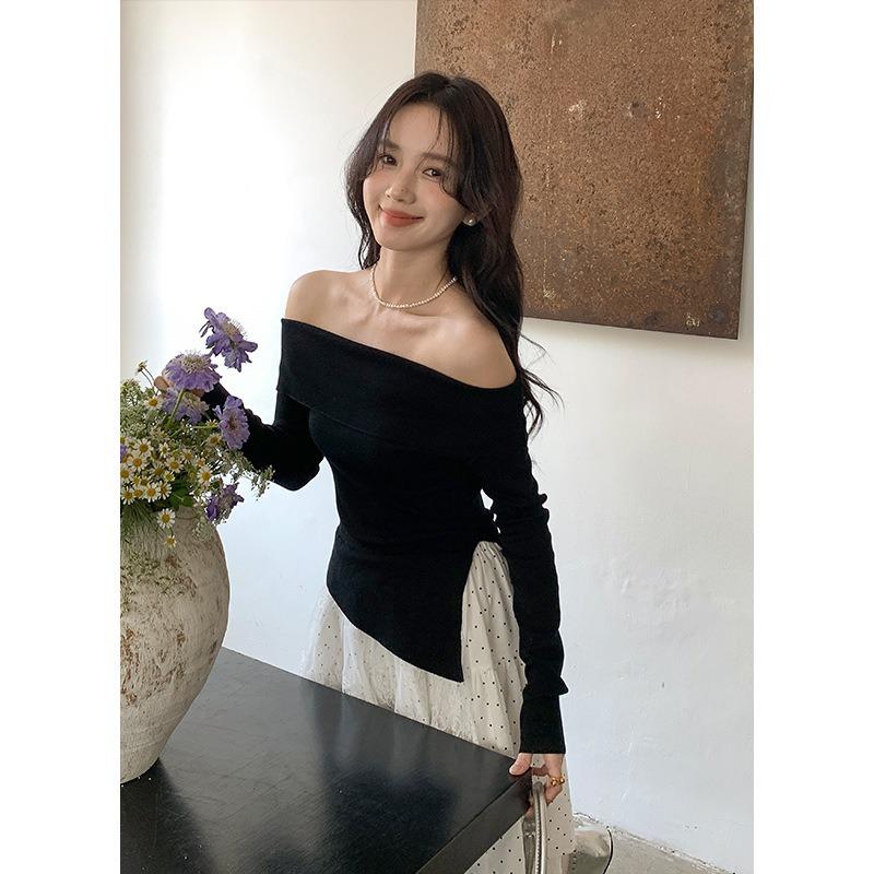 

Светлая Роскошь Высококачественный Чистый Желание Однолинейный Воротник Свитер с Открытыми Плечами Женственный Стиль Разрезы Сверхдлинные Рукава Onesize чёрный