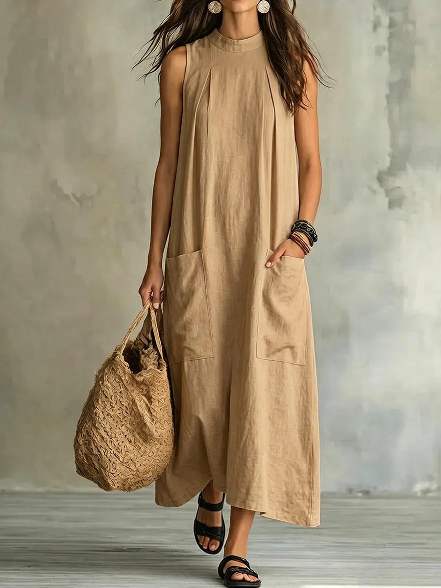 Womens Fashion High Neck Sleeveless Loose Irregular Casual Mid Length Dress S хаки
