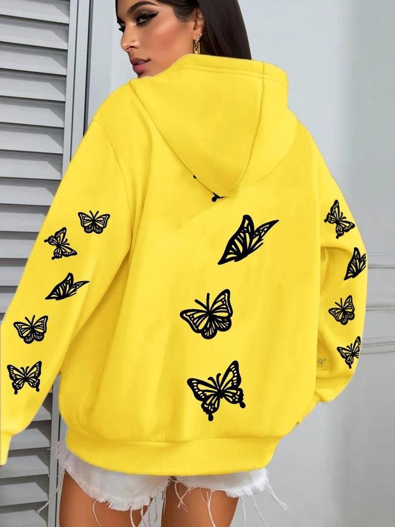 Creative Simple Butterfly Print Women's Hoodie with Pockets - Autumn/Winter Style Sweatshirt Top