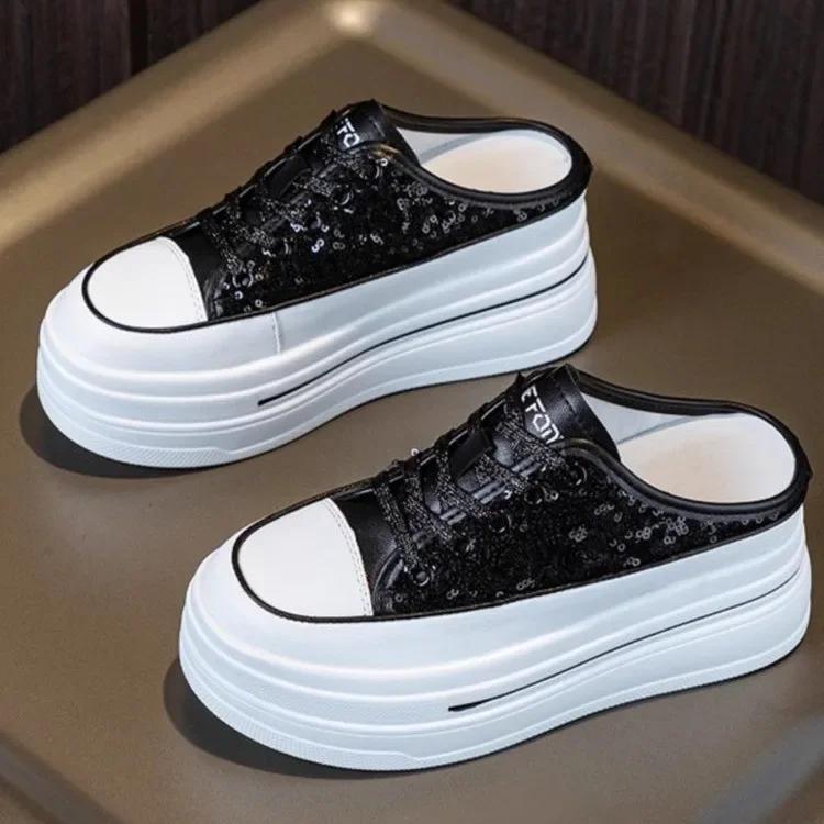 

Women s Platform Slippers with 7.5cm High Heel Chunky Breathable Casual Shoes Lightweight & Comfortable Glitter Fabric Upper New 35 чорний