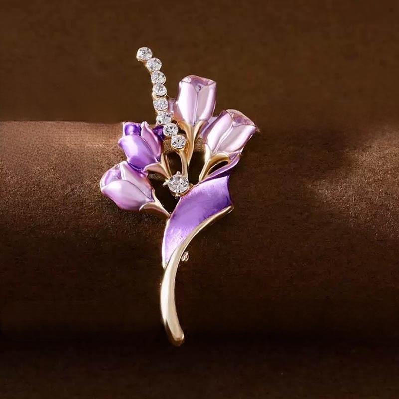 

Water diamond enamel tulip brooch for ladies, a high-end pearl flower brooch, a fashionable brooch фиолетовый