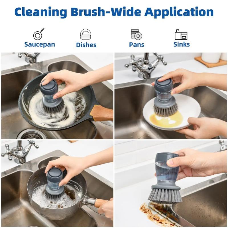 Set of 2 Dish Brush with Soap Dispenser, Kitchen Dish Scrubbers Set with Draining Tray for Washing Dishes/Pots