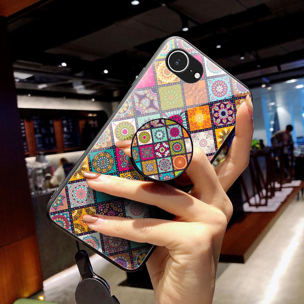 For iPhone 16e Case Kickstand Ethnic Pattern Tempered Glass Phone Cover with Strap