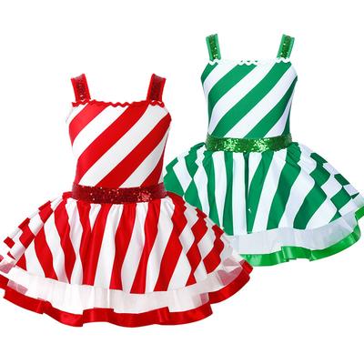 Costume de Danse de Noël pour Filles Enfants Sans Manches Paillettes Brillantes Rayé Figure d'Enfant Patinage à Roulettes Leotard Robe