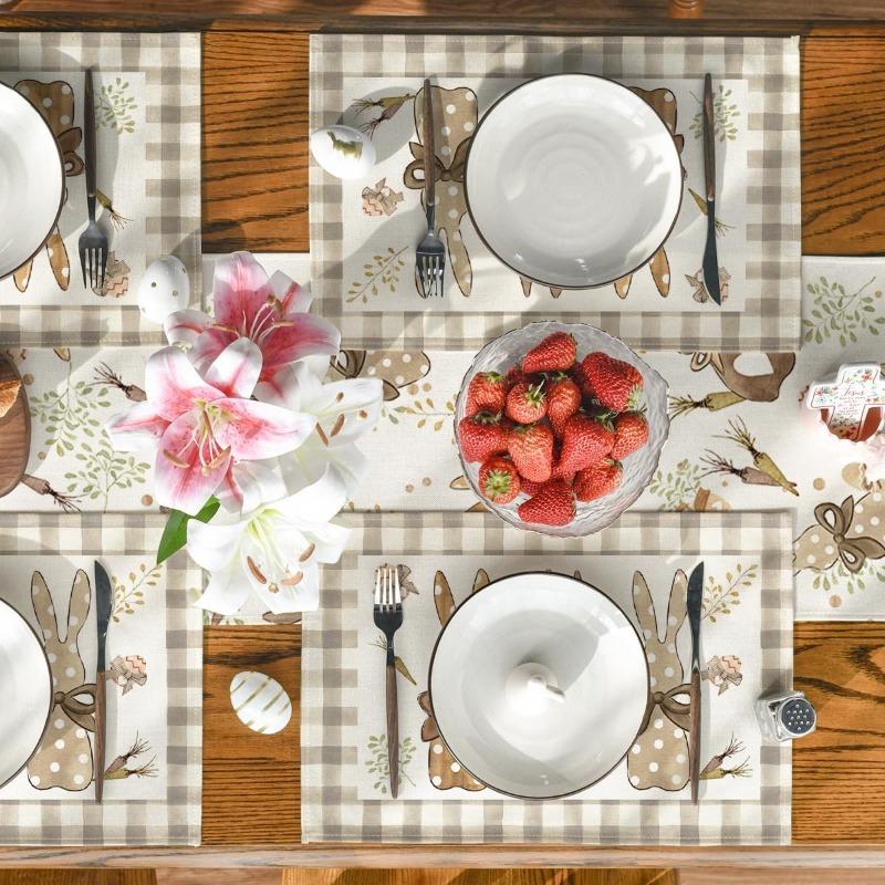 Buffalo Check Rabbit Carrots Easter Set of 1/4 Place Mats, 30 X 45 Cm, Spring Banquet Placemats, Washable Place Mats, Kitchen Party Decoration