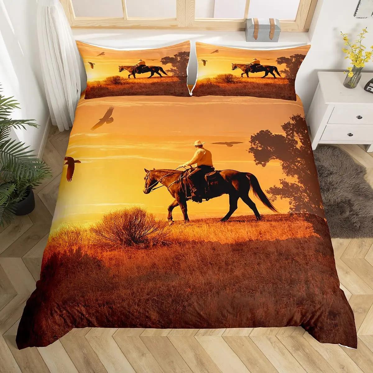 

Western Cowboy Soft Duvet Cover Set,Vintage Riding Bul Woden Old Sign Wildernes At Sunset Image Retro Style Beding Set King-Sized Dimensionsd 120*200cm Single