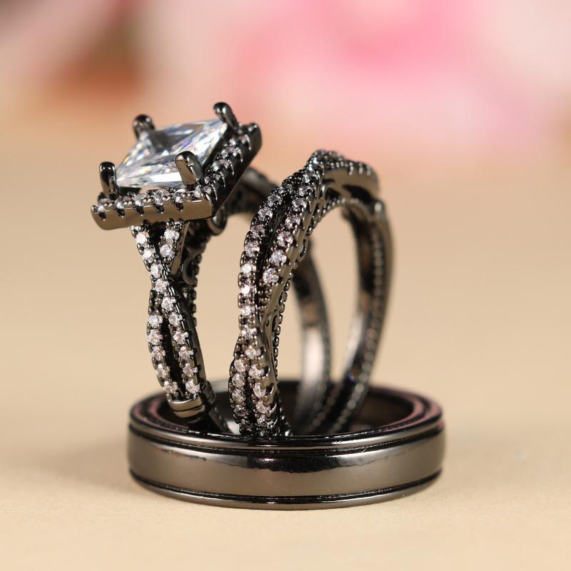 Charm Couple Rings Men Stainless Steel Rhinestones Zircon Women Wedding Band Set Valentine Day Jewelry