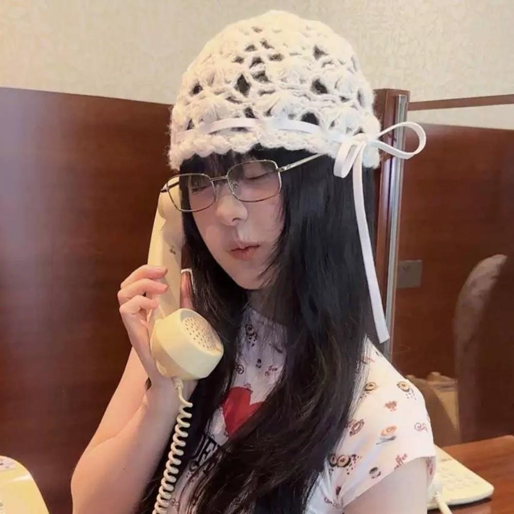 Bohemian Style Crochet Hollow Knitted Hat Bow Ethnic Style Hat Weave Cap  Apparel Accessories